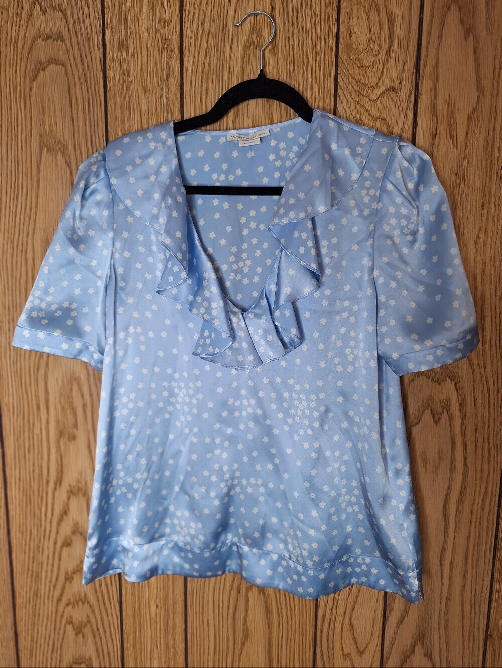 Worth New York Top Womens Blue Silk Floral Ruffle Cottagecore Capsule Size 8